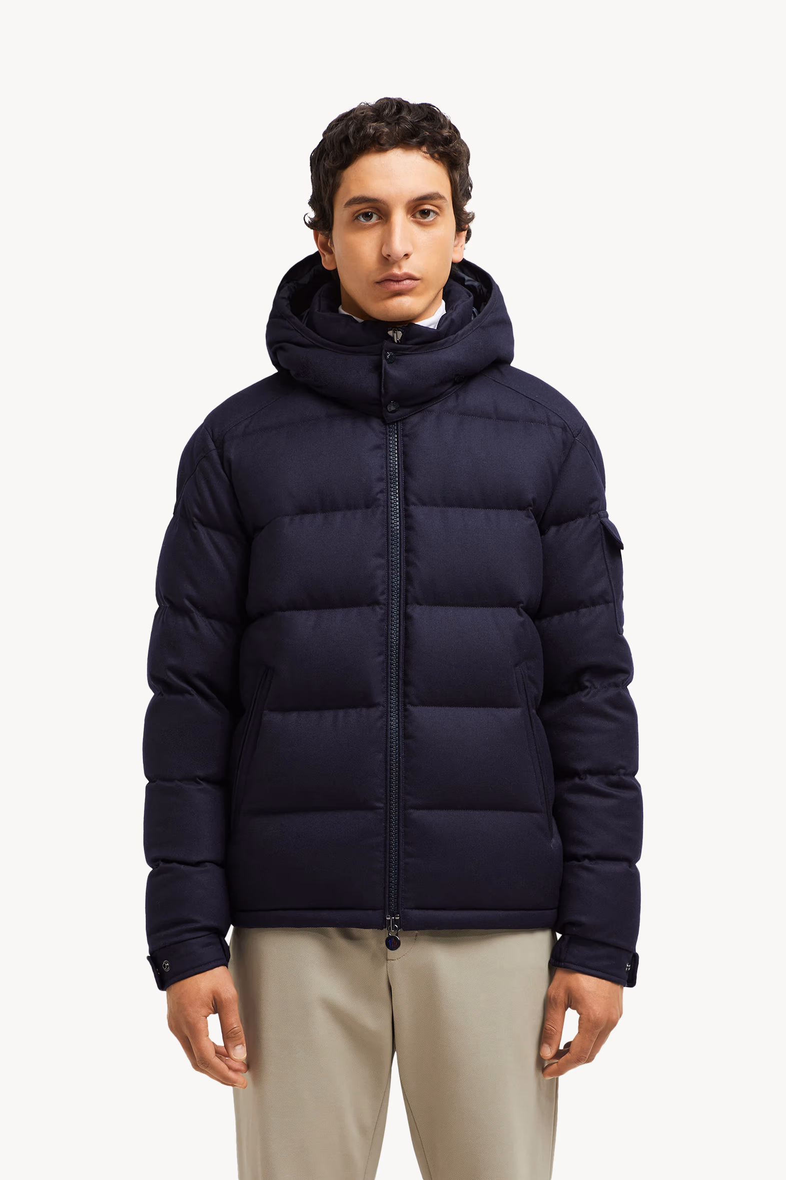 Montgenevre Hooded Wool Flannel Short Down Jacket Men Navy Blue Moncler 3